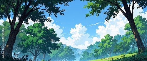 Forest nature landscape blue sky wallpaper in anime style. photo