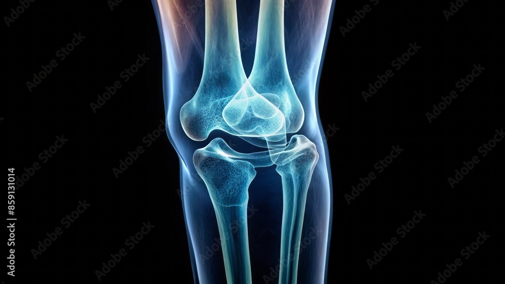 Isolated x-ray image of a human knee joint on a transparent background, showcasing bones, tendons, and ligaments in high contrast. Isolated x-ray image of a human knee joint on a transparent background, showcasing bones, tendons, and ligaments in high contrast.