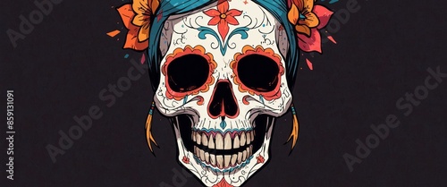 Colorful, decorated skull, human, graffiti, banner For the day of the dead and Halloween.