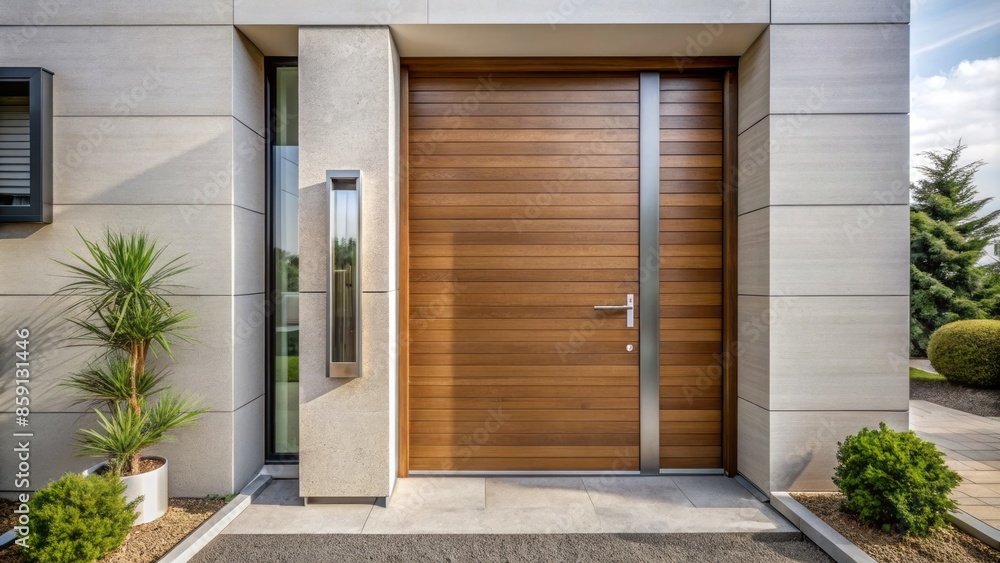 Modern minimalist wooden front door with sleek metal handle and number plate, set amidst a clean, neutral-colored exterior. Modern minimalist wooden front door with sleek metal handle and number plate, set amidst a clean, neutral-colored exterior.