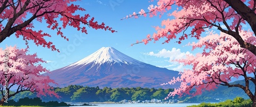 Beautiful pink cherry trees and Mount Fuji in the background of this Japan anime scenery wallpaper. photo