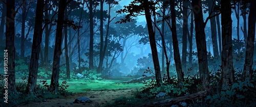 Mystery forest Evening, Anime background, Illustration. photo