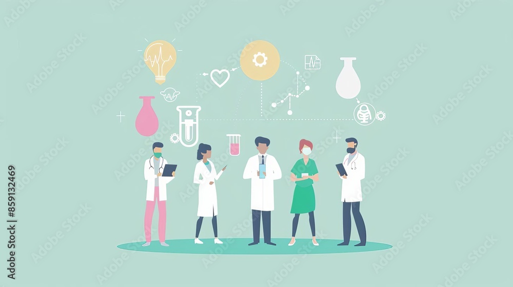 Illustration of medical professionals in discussion with scientific icons depicting collaboration and research in healthcare. Illustration of medical professionals in discussion with scientific icons depicting collaboration and research in healthcare.