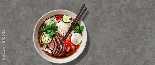 Vietnamese pho soup with beef slices, rice noodles, herbs, and chili on a textured gray background with a place for text, illustrating Vietnamese cuisine. photo