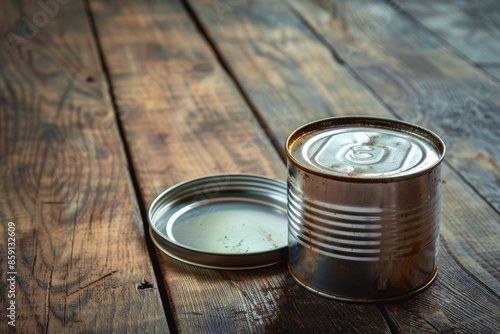 Photo of a tin can on a wooden surface, with the lid open and showing an empty interior. Web banner with empty space on the left side