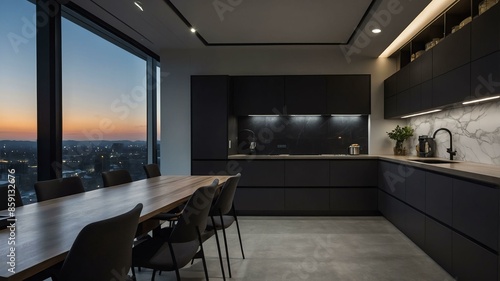 modern office kitchen or pantry with aesthetic dark lighting and night cloud outside that promotes calm and relaxing environment