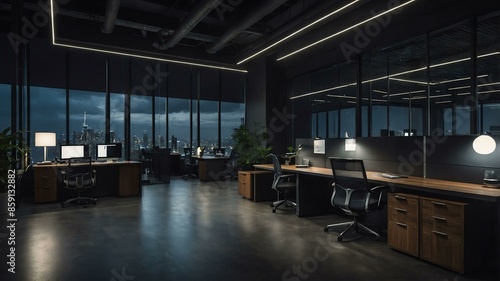 modern office print and copy area with aesthetic dark lighting and night cloud outside that promotes calm and relaxing environment