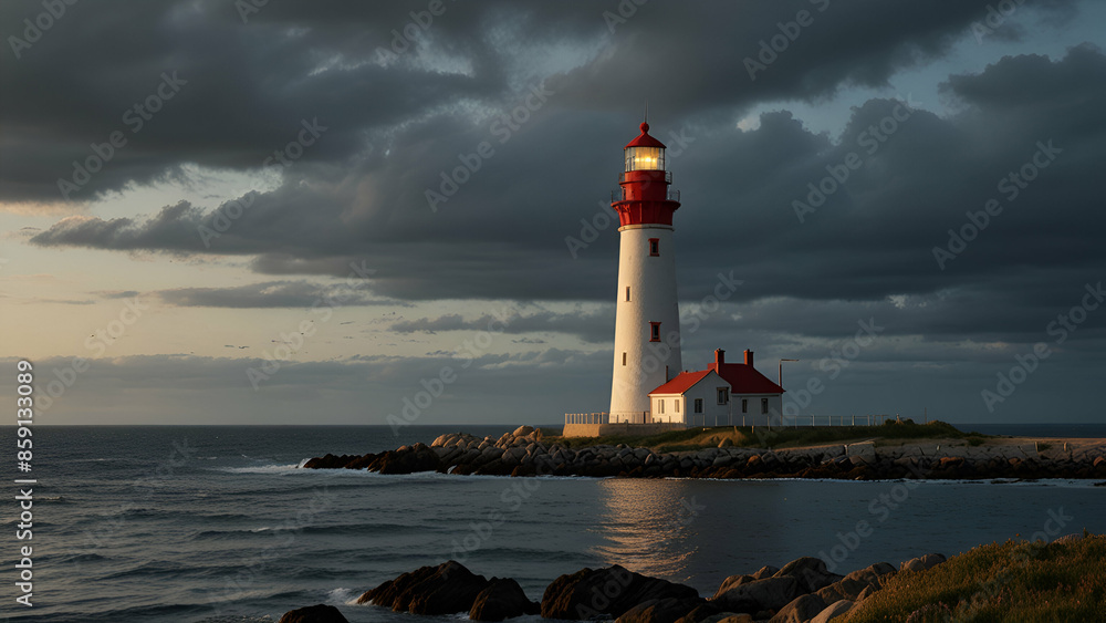 Naklejka premium A lighthouse stands tall on the coast, guiding ships with its beacon against the sea backdrop.