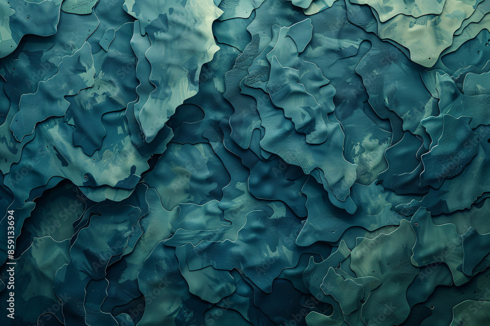 Layered, wavy textures in various shades of teal and dark green overlap intricately, creating a dynamic and fluid camouflage pattern with a tactile appearance Layered, wavy textures in various shades of teal and dark green overlap intricately, creating a dynamic and fluid camouflage pattern with a tactile appearance