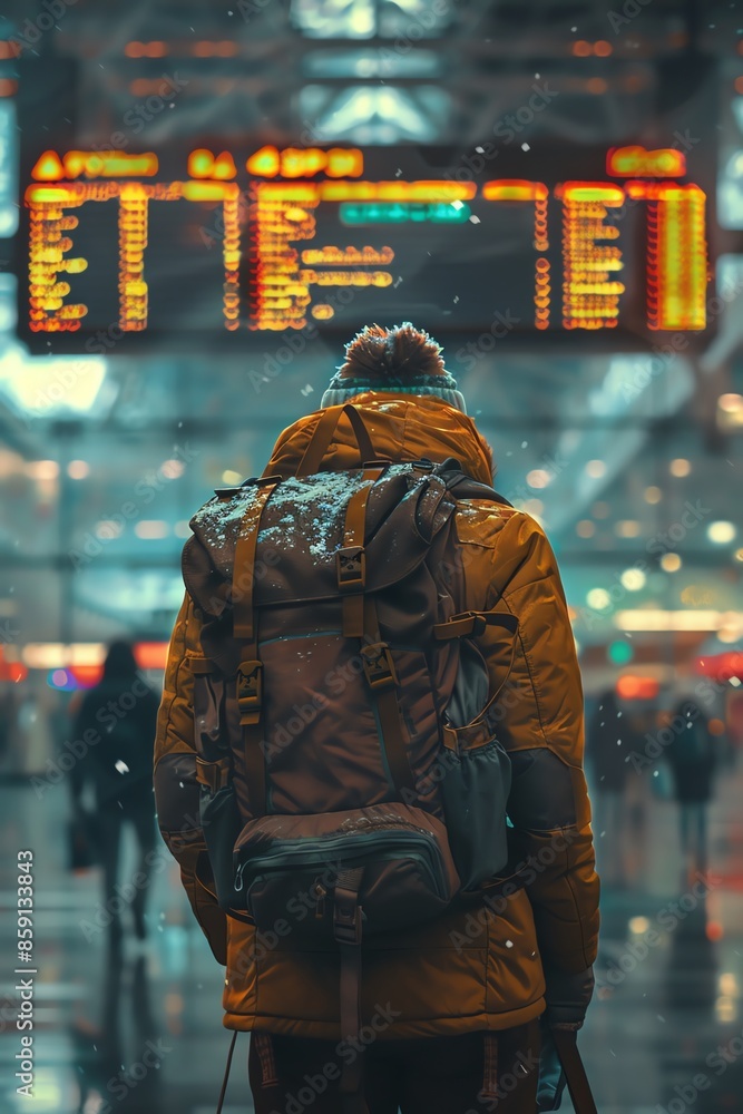 A traveler stands with a backpack in an airport, attentively checking the flight information display A traveler stands with a backpack in an airport, attentively checking the flight information display