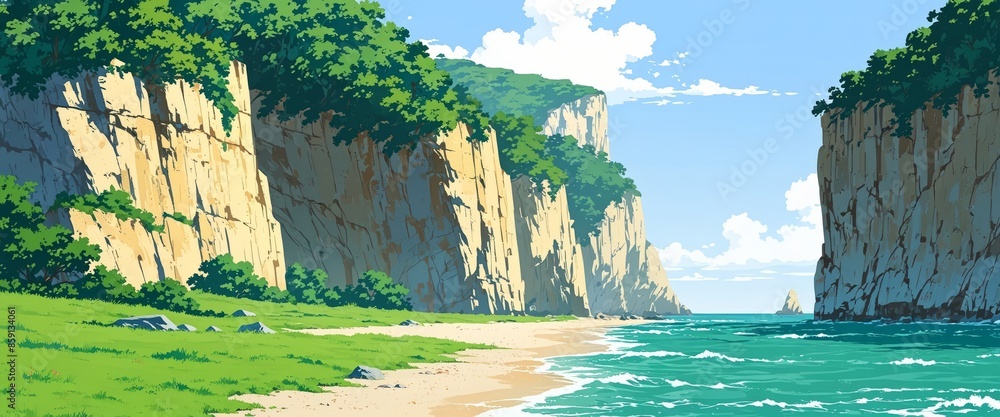 Calm summer scene in anime style, featuring gentle ocean waves, lush ...