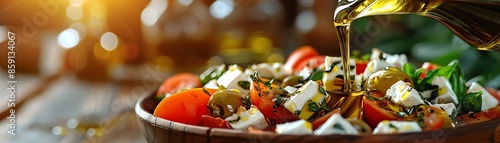 An Olive oil is being drizzled over a fresh Greek salad, highlighting healthy Mediterranean cuisine photo