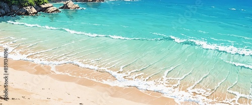 sandy beach with crystal clear waters, anime style. photo