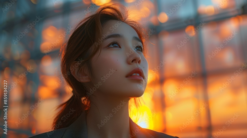 Woman Gazing at a Sunset Through Glass Woman Gazing at a Sunset Through Glass