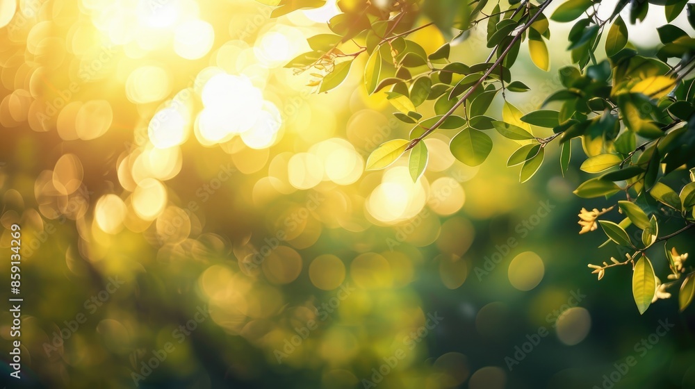 Sunlit tree branches with blurred background in forest with empty space Sunlit tree branches with blurred background in forest with empty space