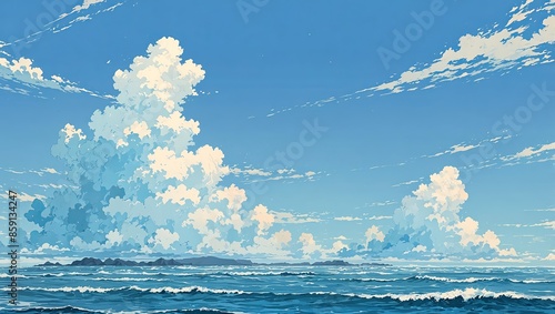 Sea - Overcast, Anime background, 2D Illustration. photo