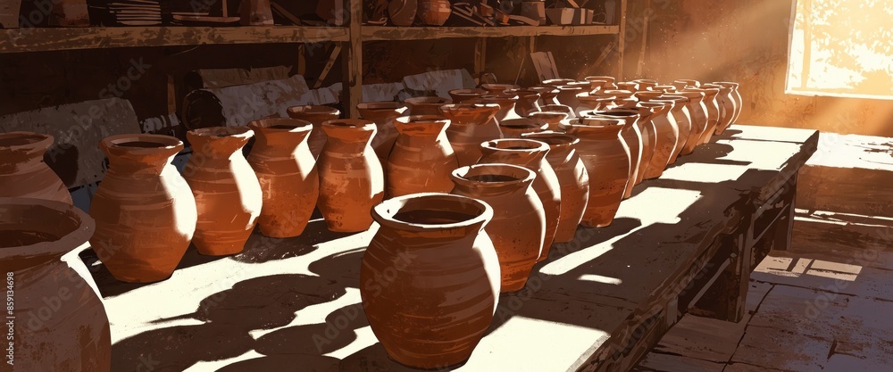 Pots under sharp sunlit shadows in a pottery workshop, useful for ...