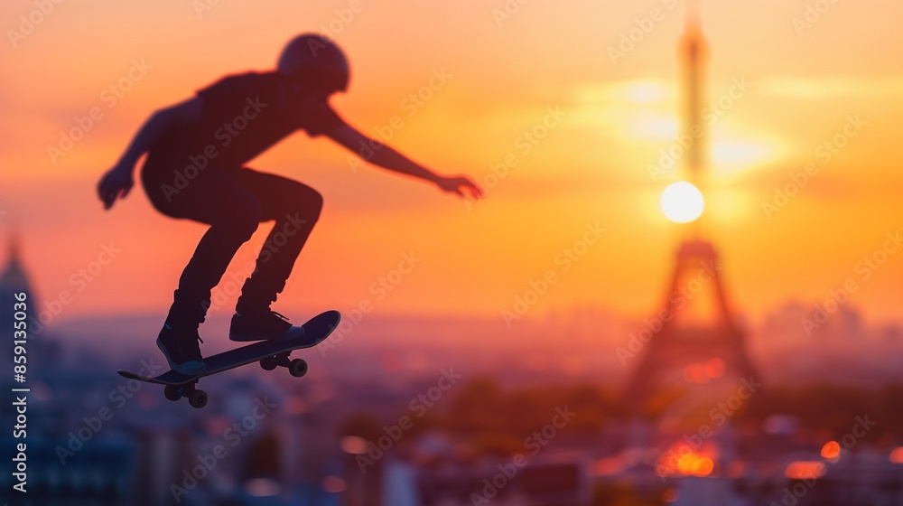 Skateboarder performing a trick midair with Eiffel Tower and Paris skyline in background, sharp detail, golden hour lighting, realistic cityscape, dynamic motion, urban vibe Skateboarder performing a trick midair with Eiffel Tower and Paris skyline in background, sharp detail, golden hour lighting, realistic cityscape, dynamic motion, urban vibe