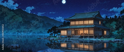 Anime style big traditional Japanese house at the lake on bright night with big moon.