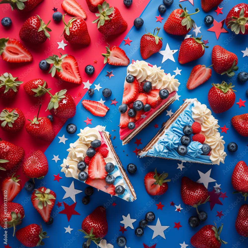 Festive Fourth of July Cake Slices with Red, White, and Blue Icing, Fresh Strawberries and Blueberries - Perfect for Holiday Celebrations Festive Fourth of July Cake Slices with Red, White, and Blue Icing, Fresh Strawberries and Blueberries - Perfect for Holiday Celebrations