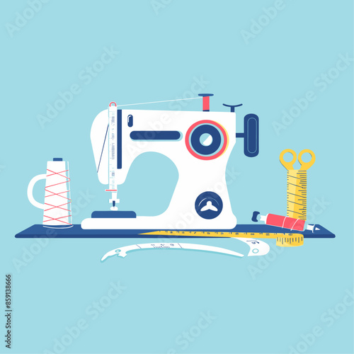 Sevouring machine with sewing supplies flat vector illustration