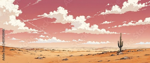 Manga-style desert landscape with sky and clouds Digital illustration. photo