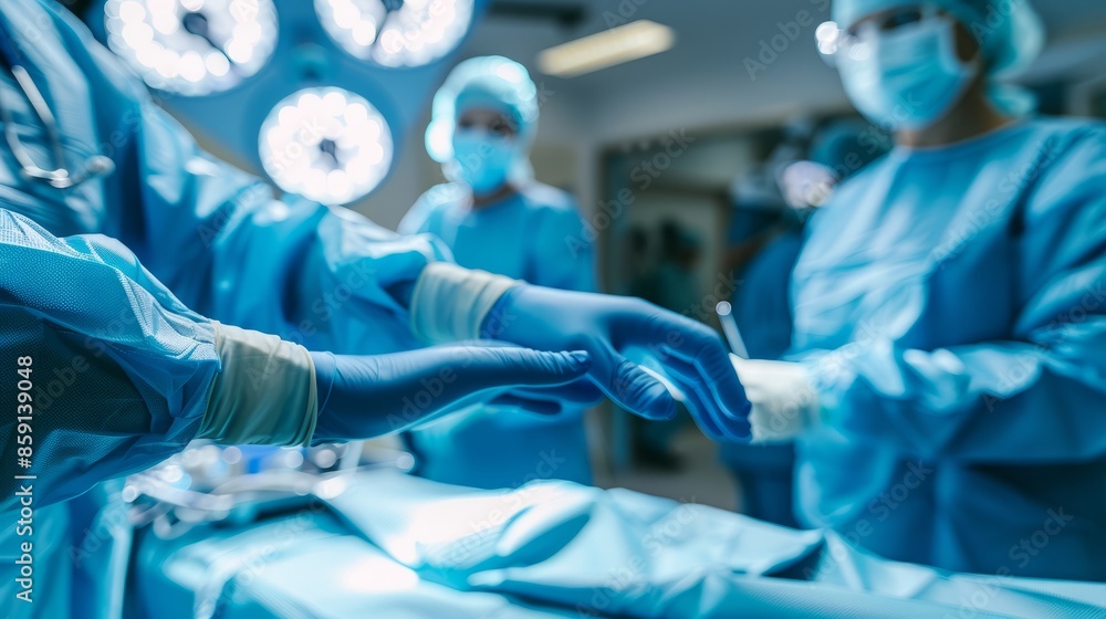 A group of surgeons are wearing blue scrubs and gloves A group of surgeons are wearing blue scrubs and gloves