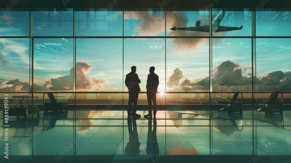 Two men standing in front of a large window, looking out at the sky Two men standing in front of a large window, looking out at the sky