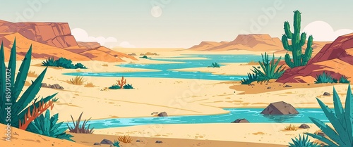 A modern illustration of a game level desert landscape with an oasis, sand dunes, a river or lake, dry plants and green bushes.