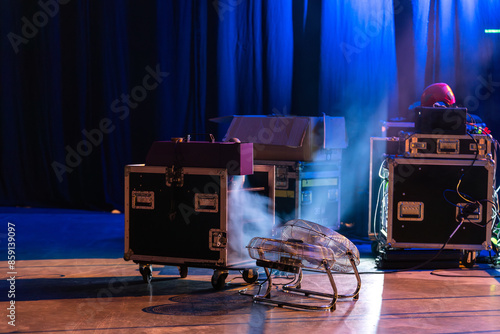 Crates with the equipment on the backstage of the concert stage 