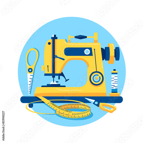 simple flat illustration of sewing machine with scissors, tape measure and spool on table