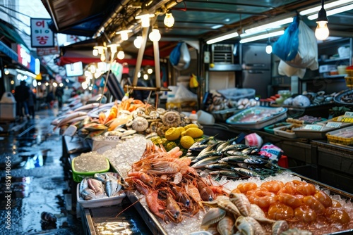 Fresh Seafood Display at a Korean Market