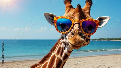 Cute cartoon giraffe wearing sunglasses at sea design

