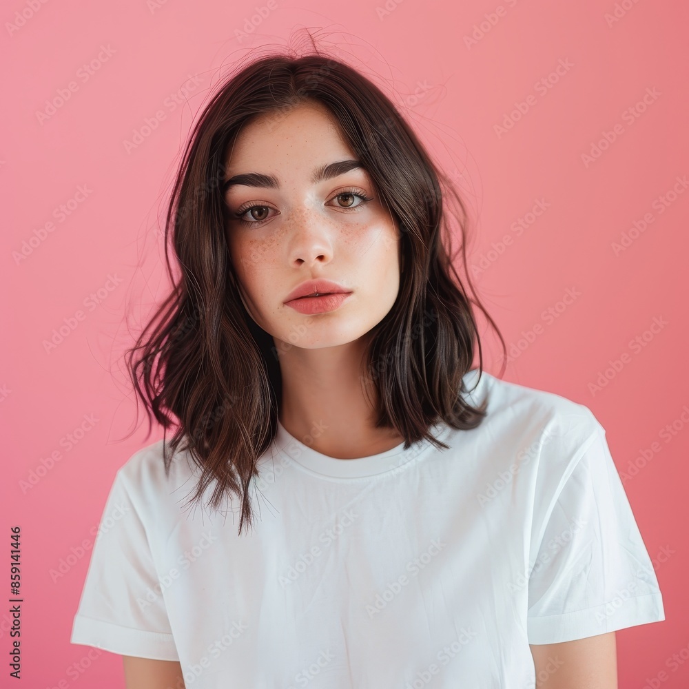 Young Woman With Brunette Hair and White T-Shirt Posing Against Pink Background Young Woman With Brunette Hair and White T-Shirt Posing Against Pink Background