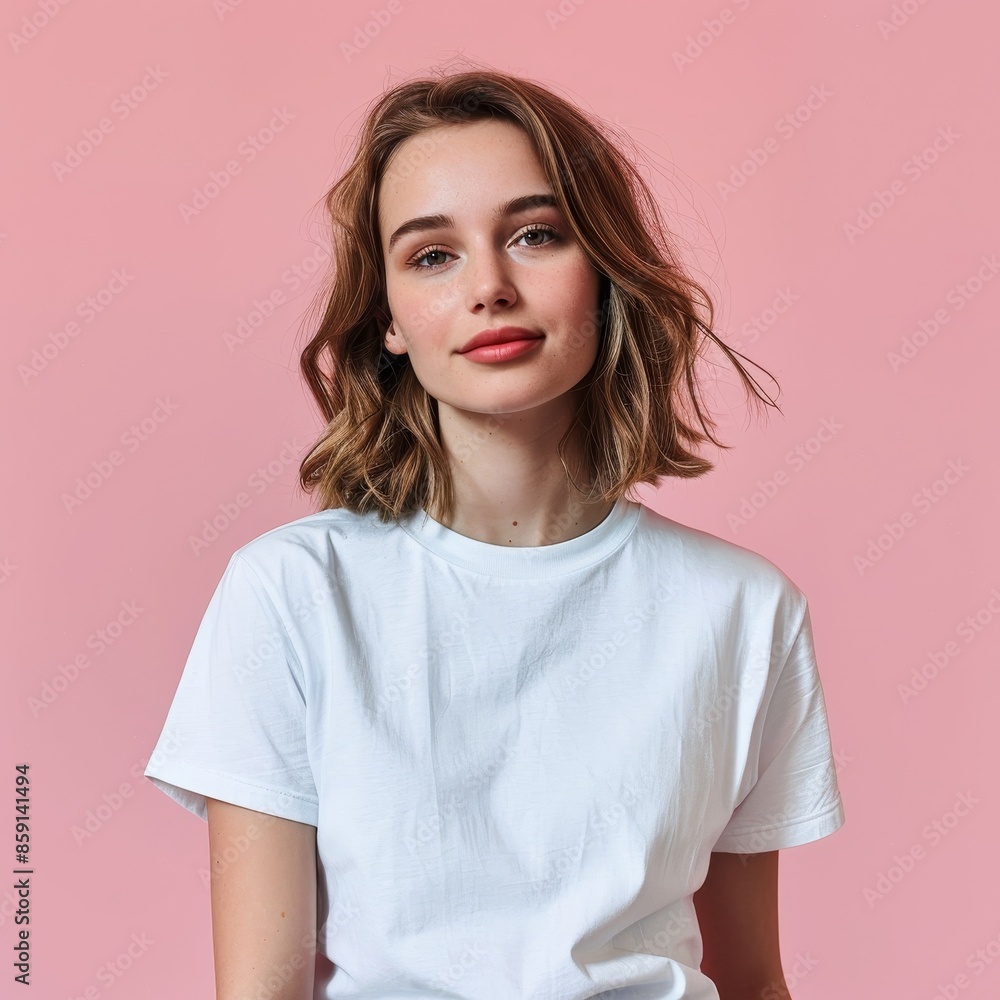 Young Woman With Brown Hair in White T-Shirt Against Pink Background Young Woman With Brown Hair in White T-Shirt Against Pink Background