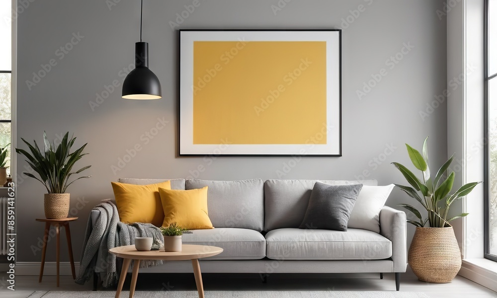 Modern interior design with a light grey wall, grey sofa, and yellow blank frame on the wall. Green plants and natural light from the window create a perfect mock-up background with empty space. Modern interior design with a light grey wall, grey sofa, and yellow blank frame on the wall. Green plants and natural light from the window create a perfect mock-up background with empty space.