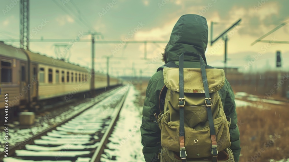 a young winter traveler with backpack in the railway a young winter traveler with backpack in the railway
