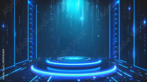 Vector illustrations of Futuristic digital technology stage with glowing blue pedestal podium stage layout for hi tech showcase.Digital tech concept.