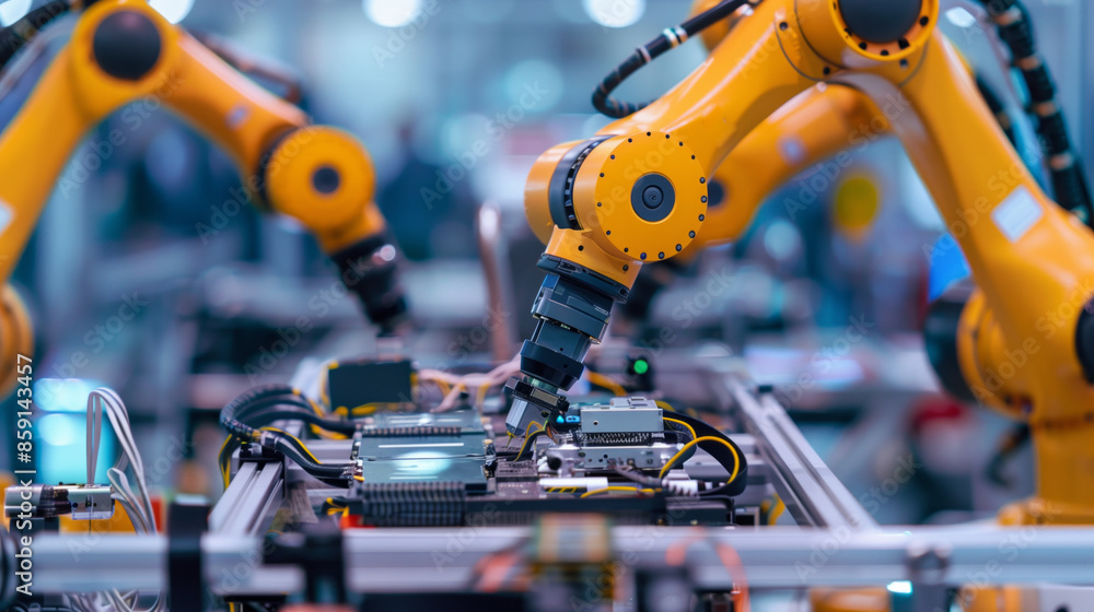 Robotic arms packaging electronic gadgets in a consumer electronics manufacturing plant Robotic arms packaging electronic gadgets in a consumer electronics manufacturing plant