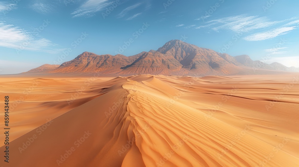 Fototapeta premium Golden desert sand dunes stretch out under a bright blue sky to meet distant rugged mountains, portraying the serene beauty and vastness of the desert landscape.