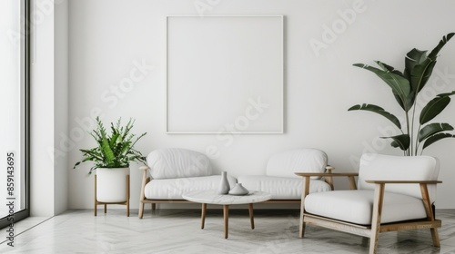 A stylish and peaceful living room showcasing a white canvas backdrop, Elegantly placed minimal furniture, Minimalist urban modern style © Plumm