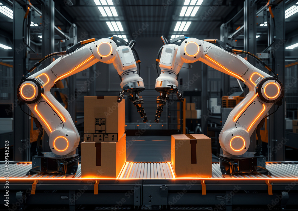 The robot arm in the factory is picking up the cartons. The robot arm in the factory is picking up the cartons.