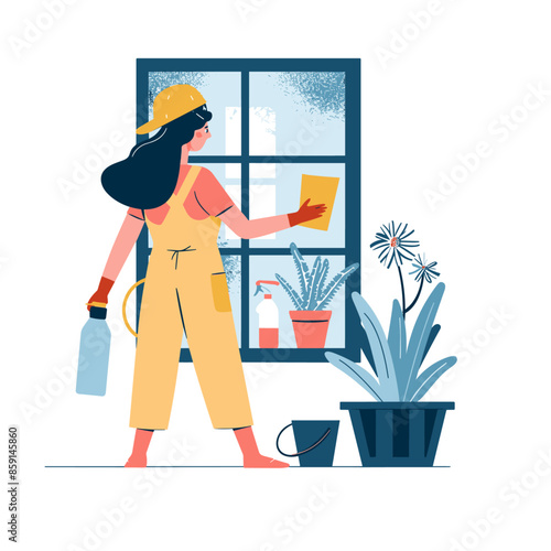 A man in overalls and cap cleaning window with duster, paintbrush and bucket vector Illustration