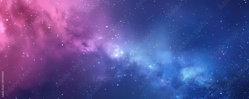 Naklejka premium Colorful space nebula with stars and galaxies in the night sky, cosmic scene with pink and blue hues. Astronomy and outer space concept