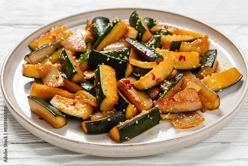 Japanese Hibachi Zucchini on a plate, top view Japanese Hibachi Zucchini on a plate, top view