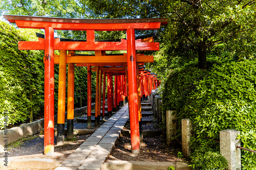 Path of big red torii in Nezu Jinja, a Shinto shrine established in ...