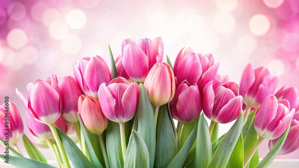 Vibrant pink tulips isolated on white background with soft focus, surrounded by elegant banner border, perfect for spring and celebratory occasions. Vibrant pink tulips isolated on white background with soft focus, surrounded by elegant banner border, perfect for spring and celebratory occasions.