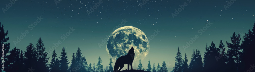 Lone Wolf Howling at the Full Moon in a Forest Lone Wolf Howling at the Full Moon in a Forest