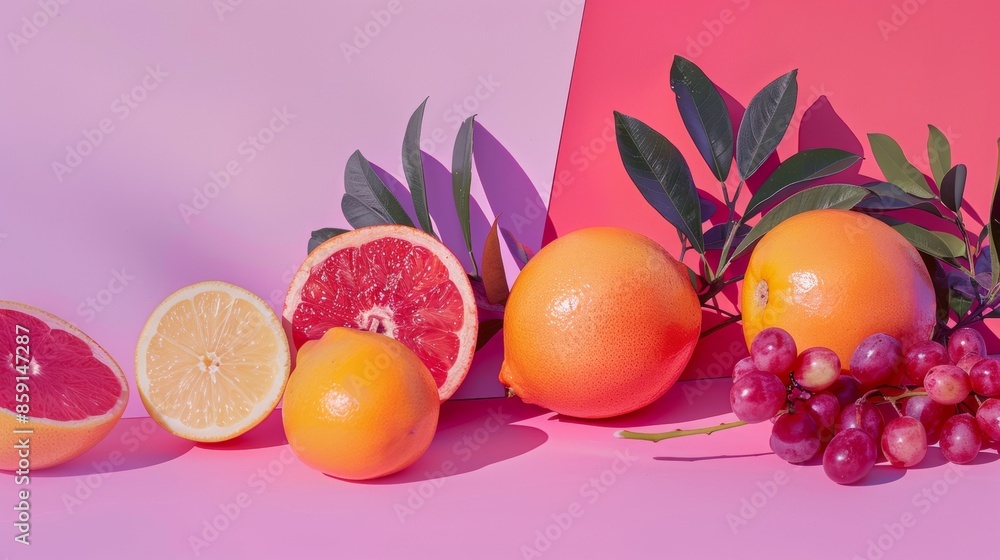 Citrus Fruits and Grapes on Colorful Background Citrus Fruits and Grapes on Colorful Background