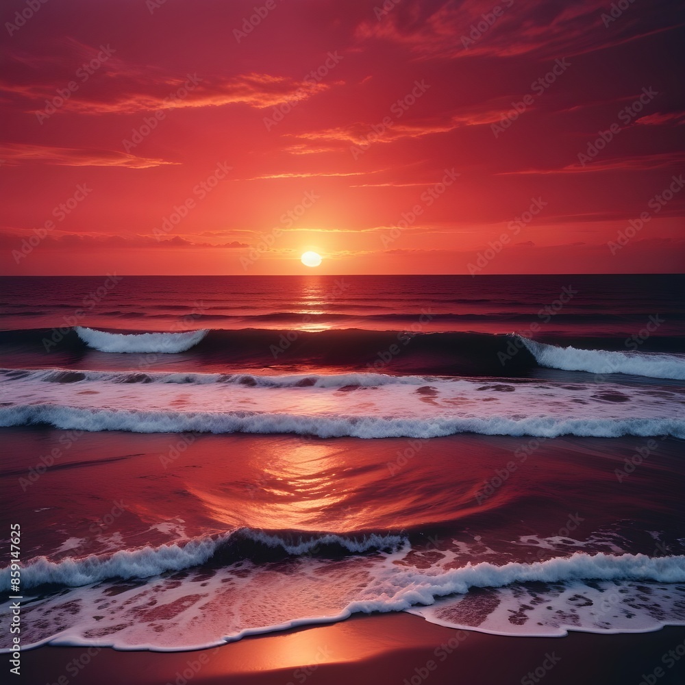 Intense ruby red sunset over a serene ocean landscape Intense ruby red sunset over a serene ocean landscape